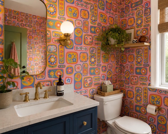 Retro Floral Peel and Stick Wallpaper, Colorful Maximalist Powder Room Decor