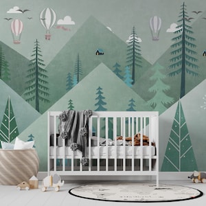 Green Mountain Nursery Wallpaper | Woodland Kids Wall Mural | Landscape Wall Decor | Neutral Peel and Stick Wallpaper