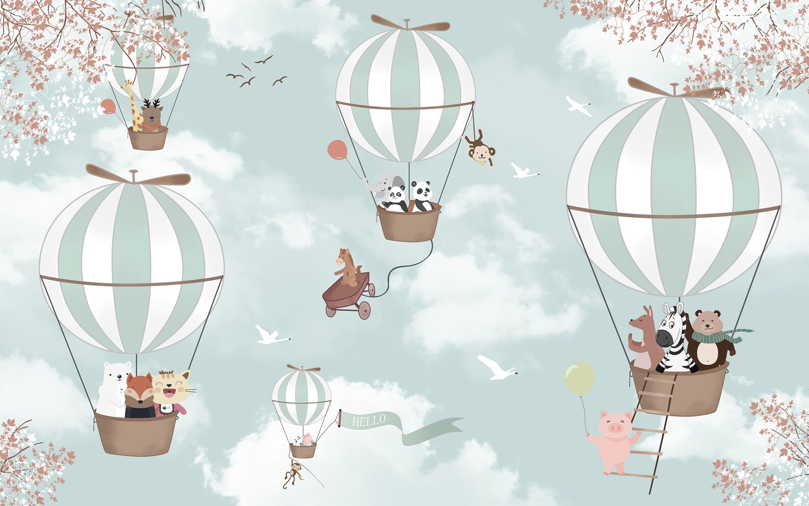 Cute Animals on Hot Air Balloon Kids Wallpaper Pastel Color Etsy