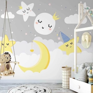 Carta da parati con luna e stelle sorridenti: murale grigio per la cameretta dei bambini