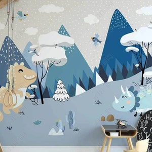 Blue Mountain & Dinosaur Boys Room Wallpaper, Snowy Landscape Kids Room Wall Covering