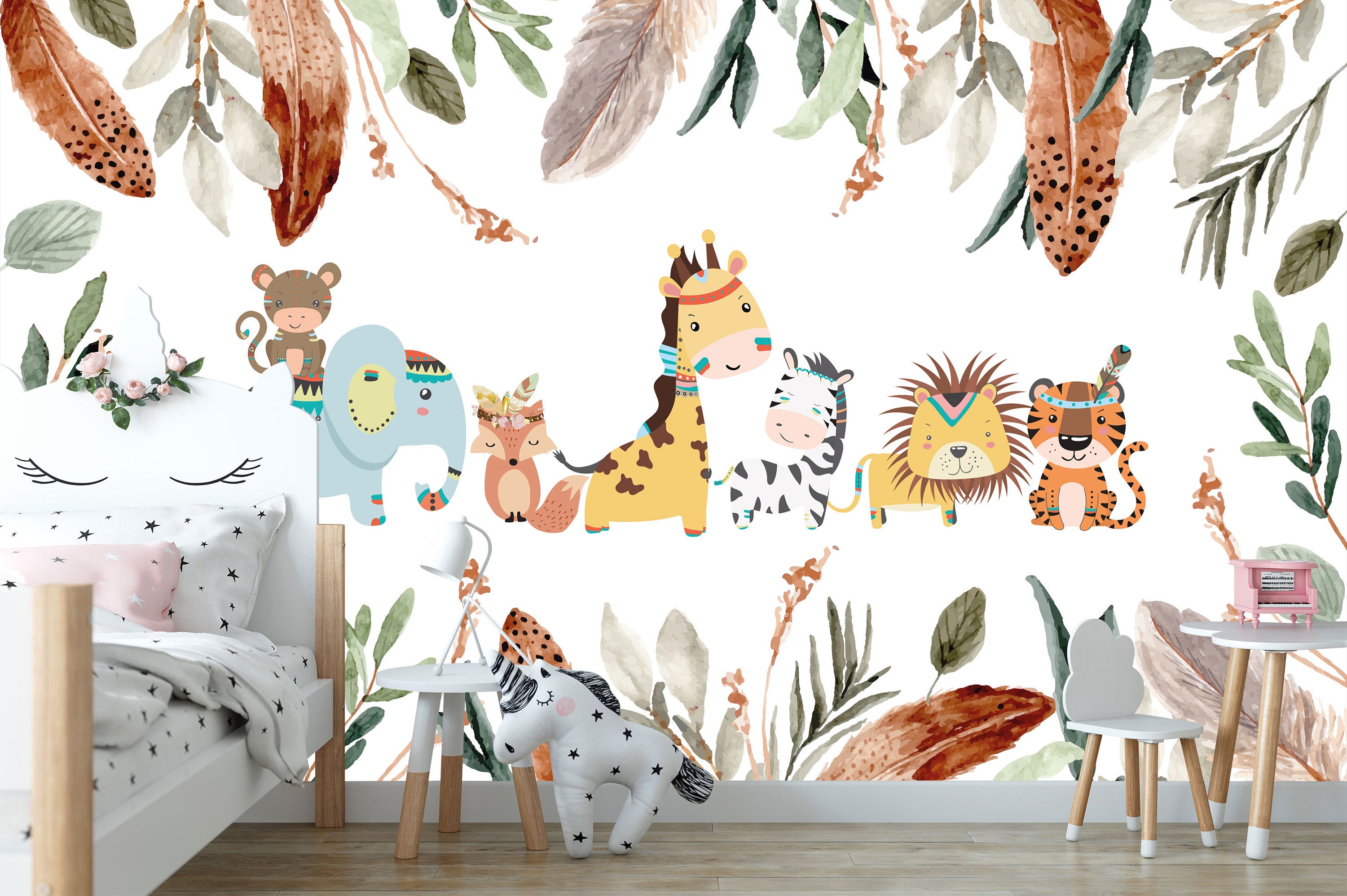 Animal Nursery Wallpaper in Boho Theme Cute Animals and Etsy