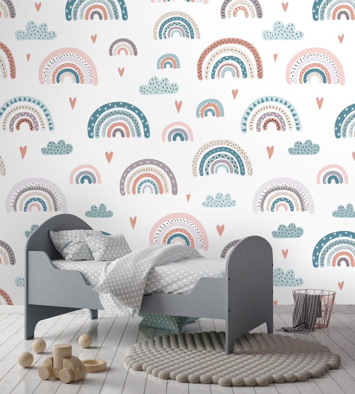 Watercolor Rainbow Rain Clouds Hearts Wallpaper Nursery Wall Decoration ...