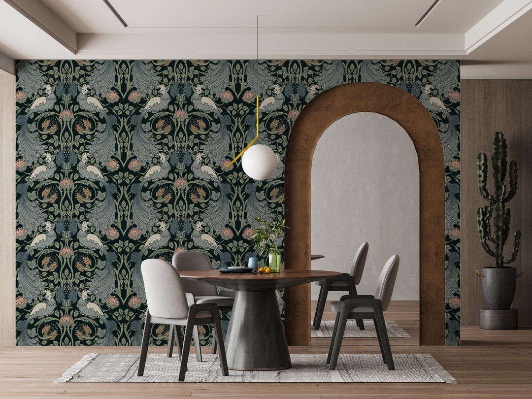 Art Nouveau Wallpaper, Pastel Color Flowers and Peacock Living Room