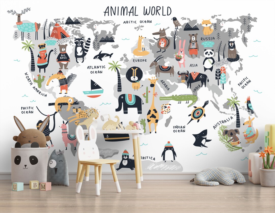 Animal World Map Wallpaper: Kids Nursery Wall Mural, Peel and Stick - Etsy