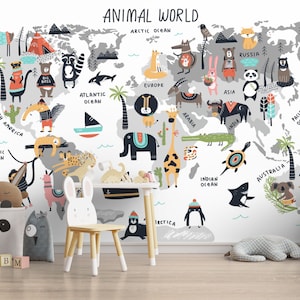 Papier peint pour chambre d'enfant, carte du monde animal mignon, carte du monde dessinée à la main, décoration murale pour chambre d'enfant, décoration murale facile à retirer et à coller