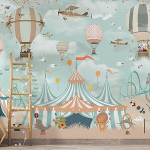 Air Balloons & Circus Animals Kids Room Wallpaper, Unisex Nursery Wall Mural, Blue Sky, Roller Coaster Baby Room Wall Decor