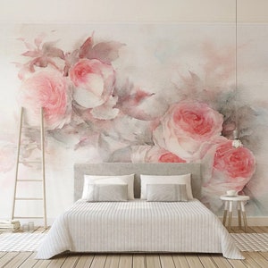 Pastel Color Pink Rose Wallpaper, Watercolor Roses Wall Mural,Living Room Peel and Stick Floral Wall Decor, Easy Removable