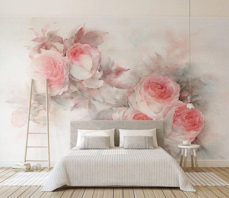 Pink Rose Wallpaper Mural: Watercolor Floral Peel and Stick Wall Decor ...
