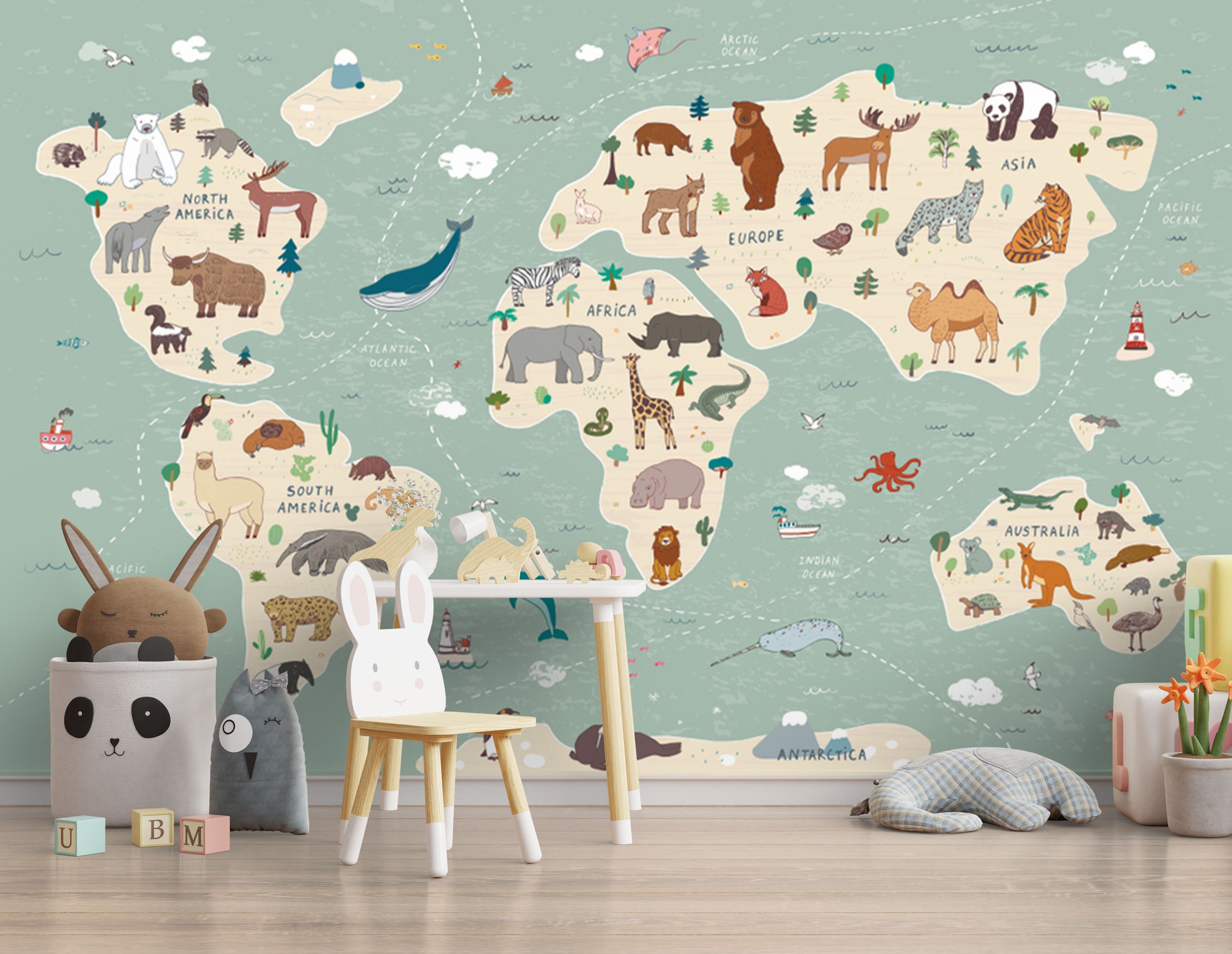Animal World Map Wallpaper: Green Nursery Wall Mural, Educational Print ...