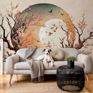 Kirschblüte bei Sonnenuntergang Wandbild: Chinoiserie Tapete zum Abziehen und Aufkleben