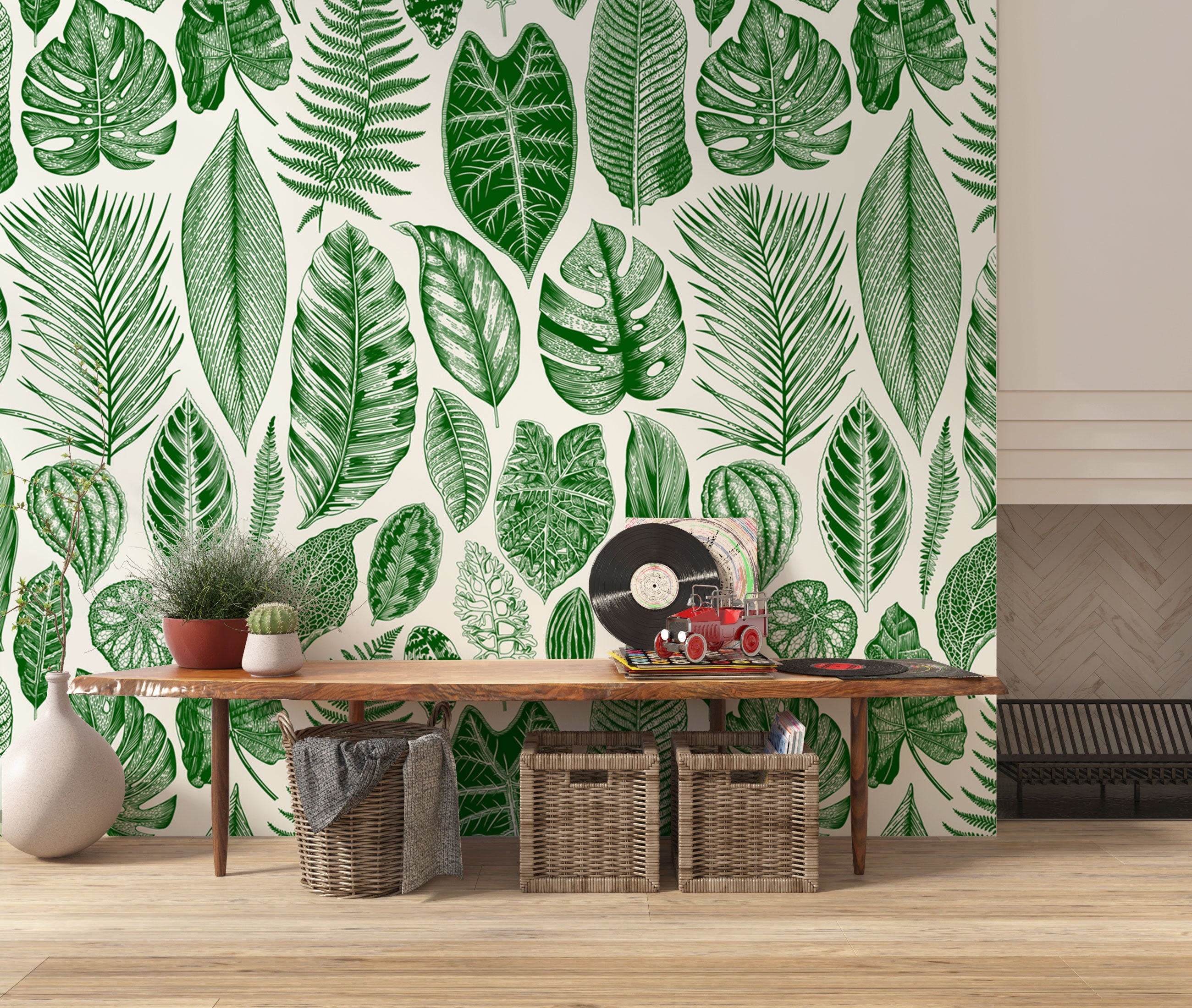 Green Botanical Leaves Wallpaper Herbs and Tropical Palm Etsy