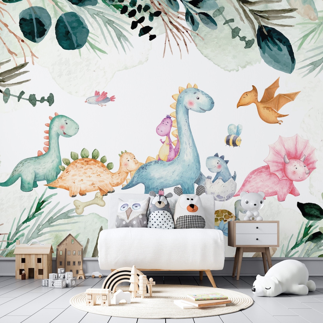 Cute Baby Dinosaur Nursery Wallpaper, Tropical Leaves and Dinosaurs