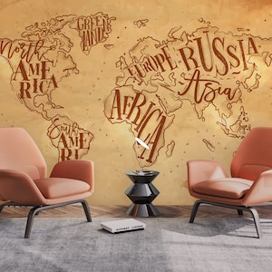 Papel de parede de mapa-múndi marrom e amarelo, decoração de parede de café com tipografia de continente, decoração de parede de bistrô e cafeteria