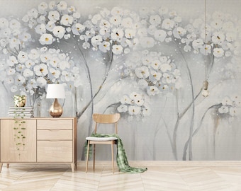 Watercolor White Flowers Wallpaper Mural - Peel and Stick