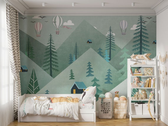 Neutral Kinderzimmer Wandbild Berg and Landschaft Peel Stick Tapete Wallpaper Wald Grüner Kinder Wanddeko