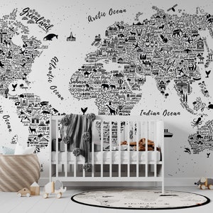 Behang kinderwereldkaart, kinderkamermuurschildering, typografische zwart-witte kaartmuurkunst