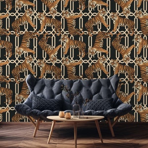 Exotic Tigers in Geometric Pattern Wallpaper, Tropical Dark Background Tiger Peel and Stick Wall Mural, Living Room Kitchen Wall Art