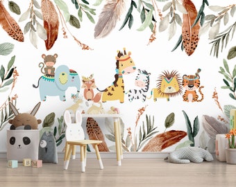 Papel tapiz bohemio con animales para habitación infantil: hojas tropicales, despegar y pegar