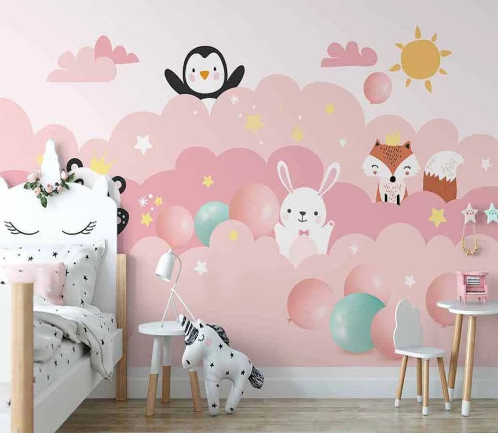 Pink Cloud Animal Nursery Wallpaper, Kids Room Wall Mural - Etsy
