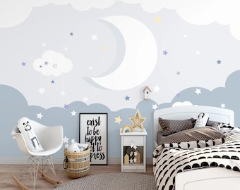 Moon and Stars Nursery Wallpaper: Blue Cloud Wall Mural