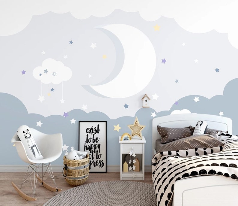 Cute Moon and Stars Nursery Wallpaper Blue Kids Room Wall Etsy