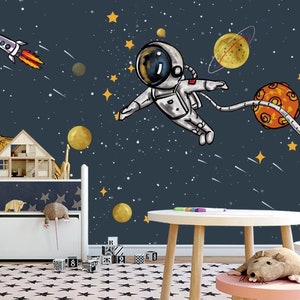 Carta da parati per cameretta dei bambini con astronauta e esploratore, murale con spazio e stelle, decorazione da parete con pianeta, facilmente rimovibile
