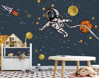 Behang astronaut kinderkamer: muurschildering ruimtesterren kinderkamer