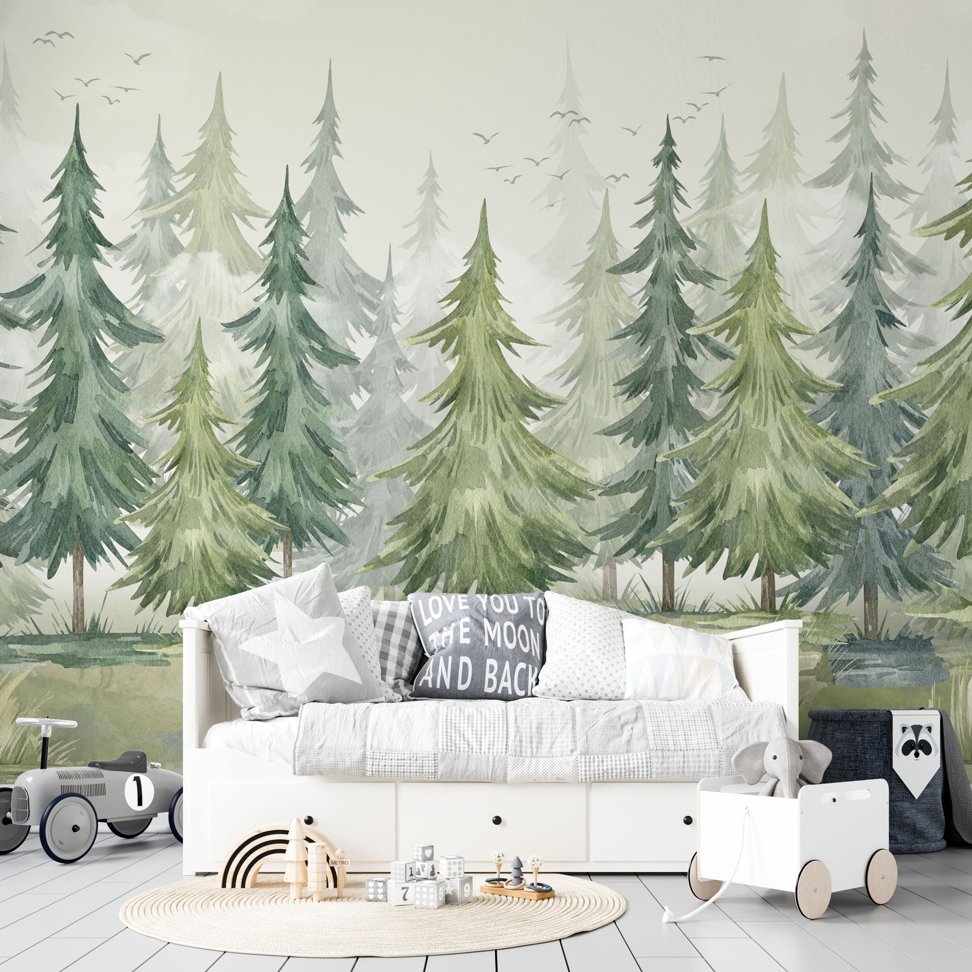 Watercolor Pine Tree Forest Wallpaper: Green Woodland Nursery Mural ...