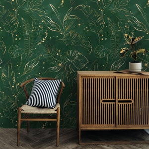 Grün-Gold Tapete, Gold Tropische Blätter Wandbild, Luxus Tapete für Wohnzimmer, Exklusive Wanddekoration
