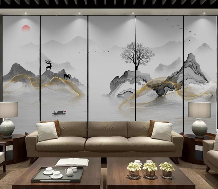 Chinoiserie Sunrise Painting Wallpaper Chinese Landscape Wall 