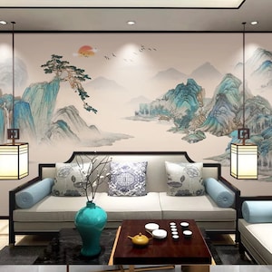 Chinoiserie Berg Sonnenaufgang Wallpaper: Schälen und Aufkleben Wandbild