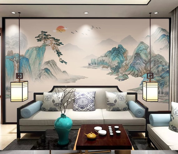 Chinoiserie Sunrise Painting Wallpaper Chinese Landscape Wall 