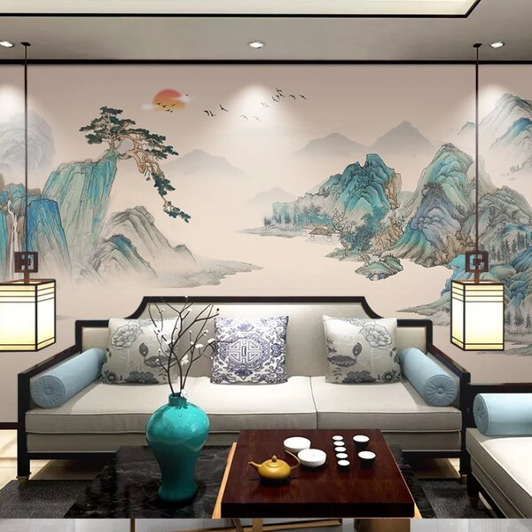 Chinoiserie Mountain Sunrise Wallpaper: Peel and Stick Wall Mural