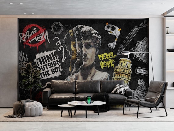 Urban Graffiti Living Room Wallpaper David Statue Street Art - Etsy Sweden