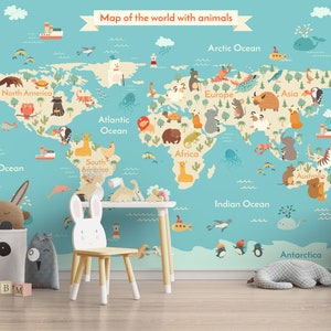 Papier peint carte du monde bleu et beige avec animaux pour chambre d'enfant, impression murale carte éducative du monde pour chambre d'enfant, papier peint pays