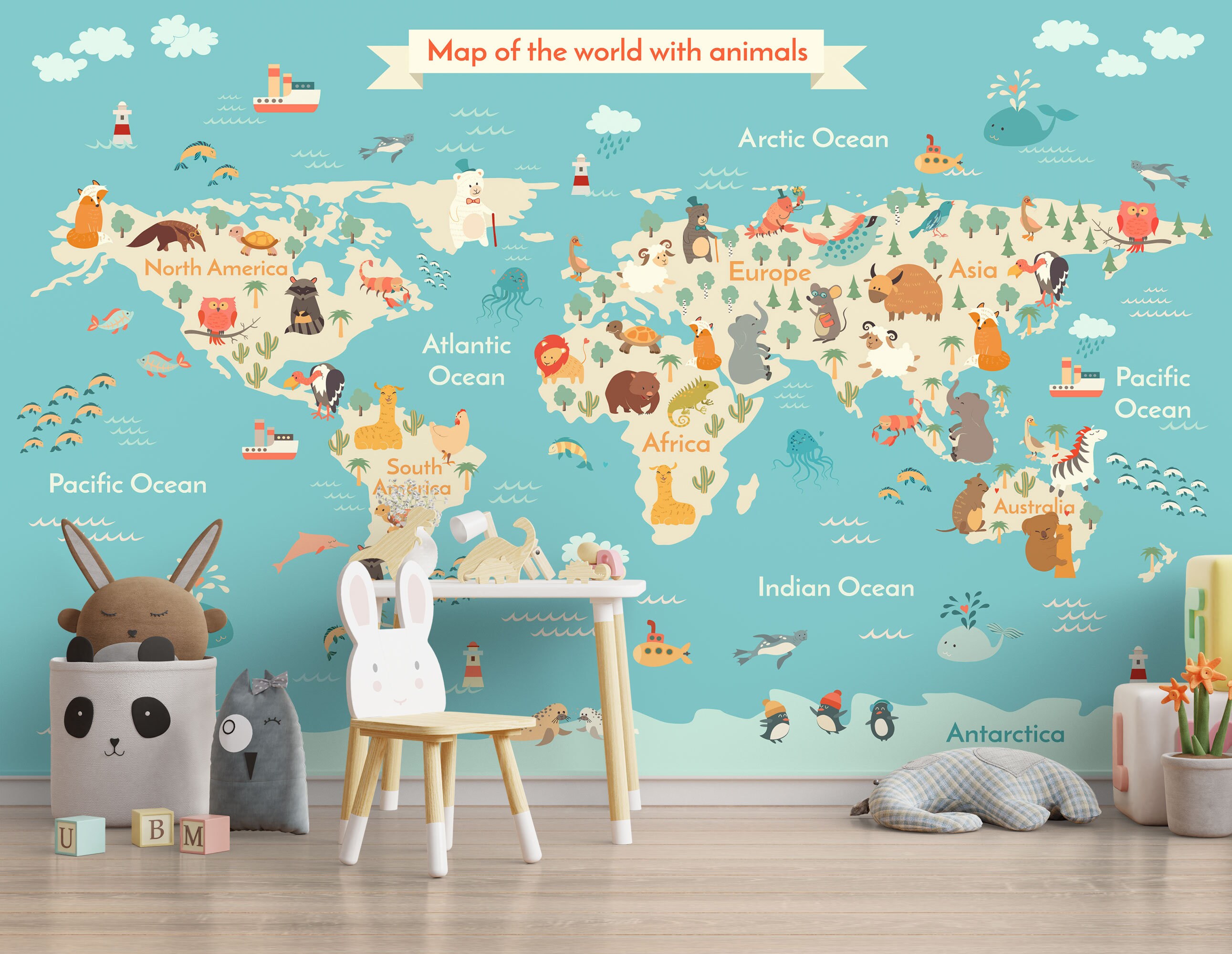 動物が描かれた青とベージュの世界地図の子供部屋用壁紙、教育用