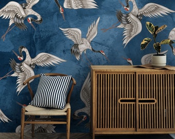 Blå trana tapet: Chinoiserie Heron väggmålning, orientalisk inredning