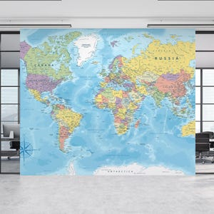 Papier peint carte du monde moderne - tons bleus et colorés audacieux - décoration murale géographie