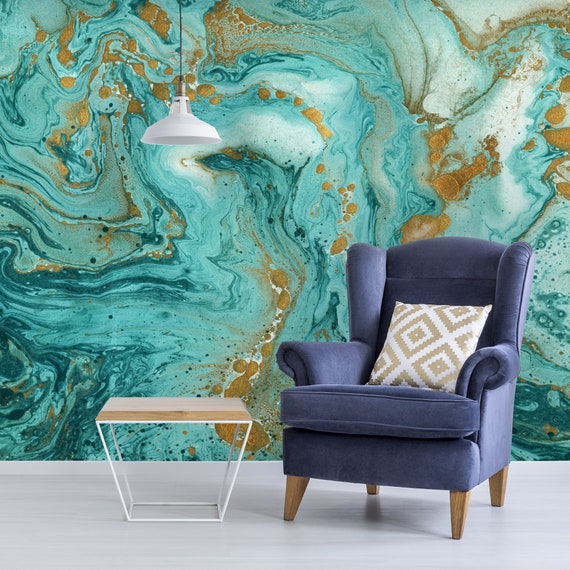 Green Marble With Golden Splash Wallpaper, Gold Veins Wall Mural