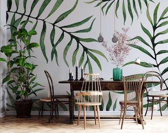 Tropical Leaves Wallpaper Mural: Green Leaf Peel and Stick Wallpaper