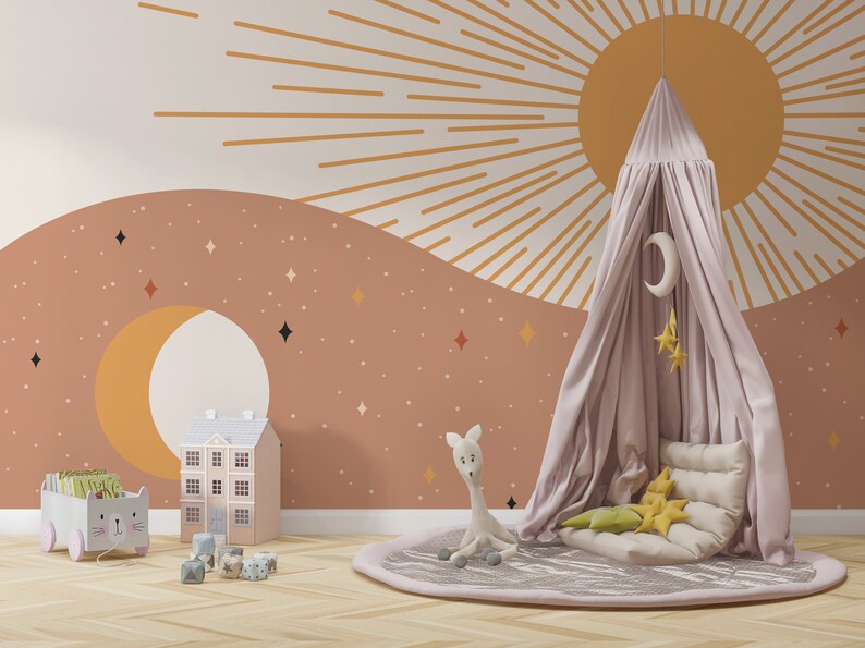 Boho Sun and Moon Nursery Wallpaper: Pastel Kids Room Decor - Etsy