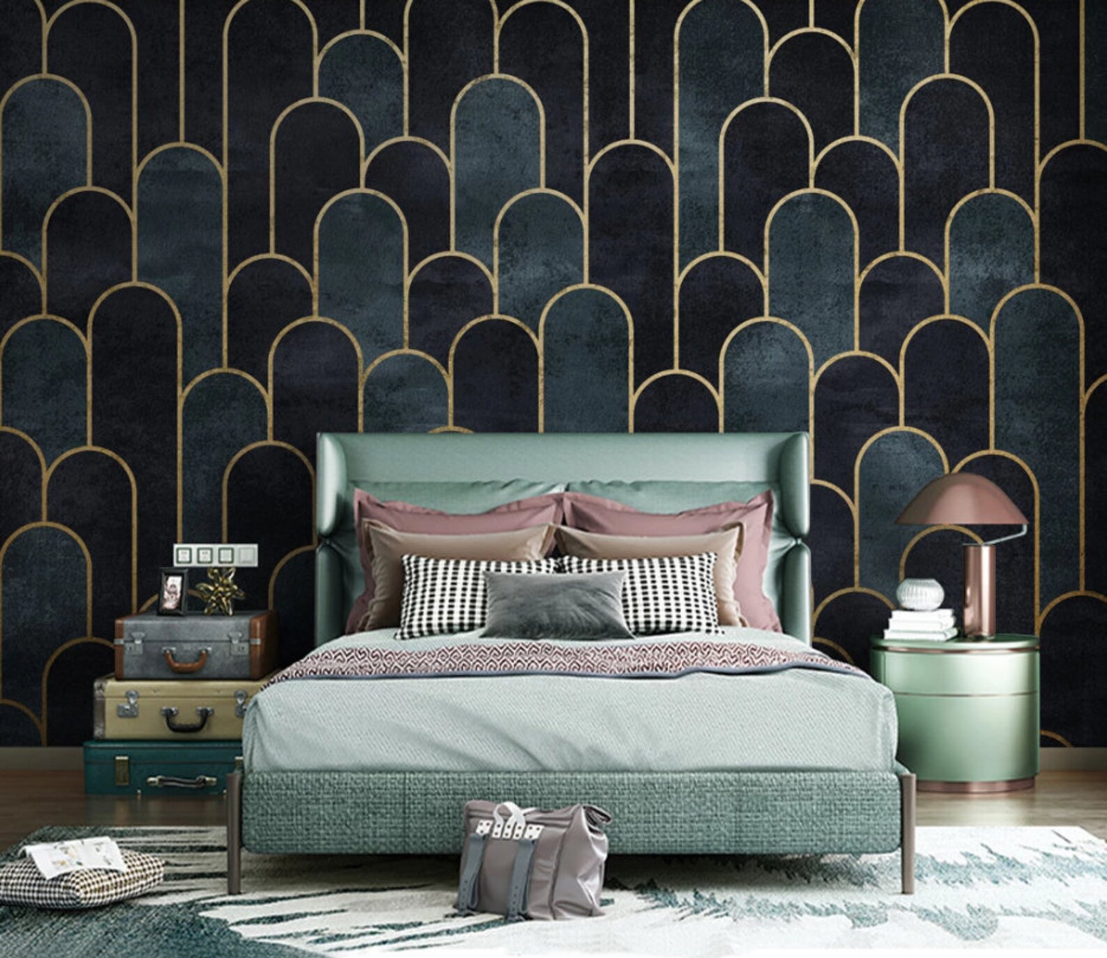 Dark Background Gold Arches Wallpaper Lines Living Room | Etsy