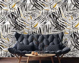Carta da parati con foglie di palma nere e dorate: decorazione murale tropicale