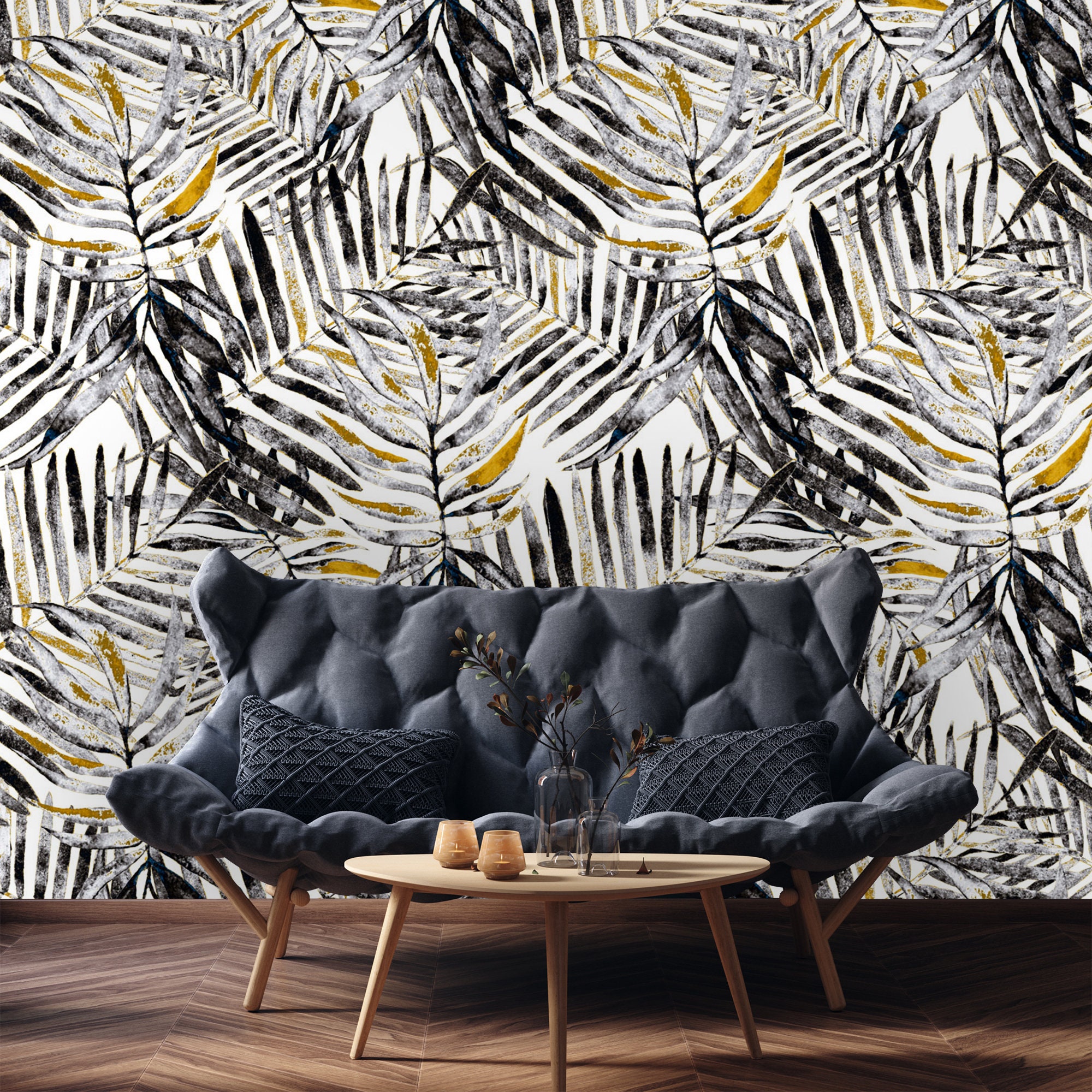 Black and Gold Palm Leaves Wallpaper Tropical Leaf Floral Etsy