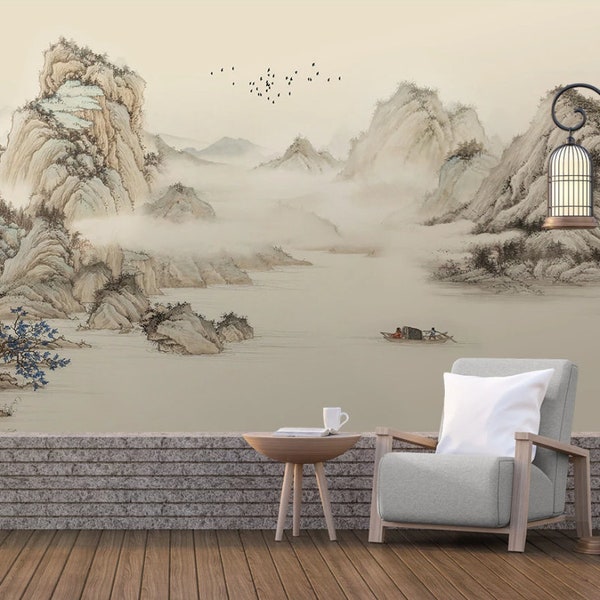 Chinoiserie Mountain Wallpaper: Beige Zen Landscape