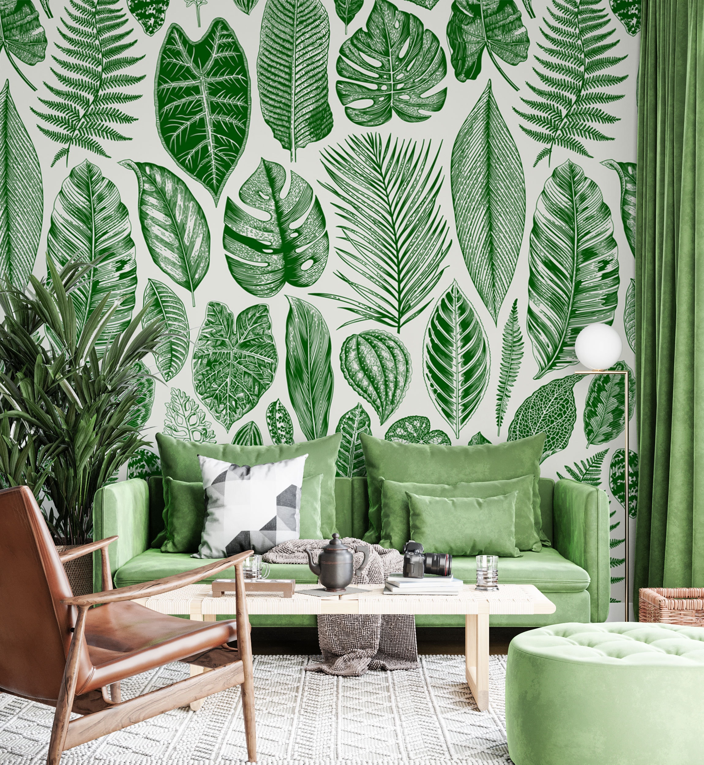 Green Botanical Leaves Wallpaper Herbs and Tropical Palm Etsy