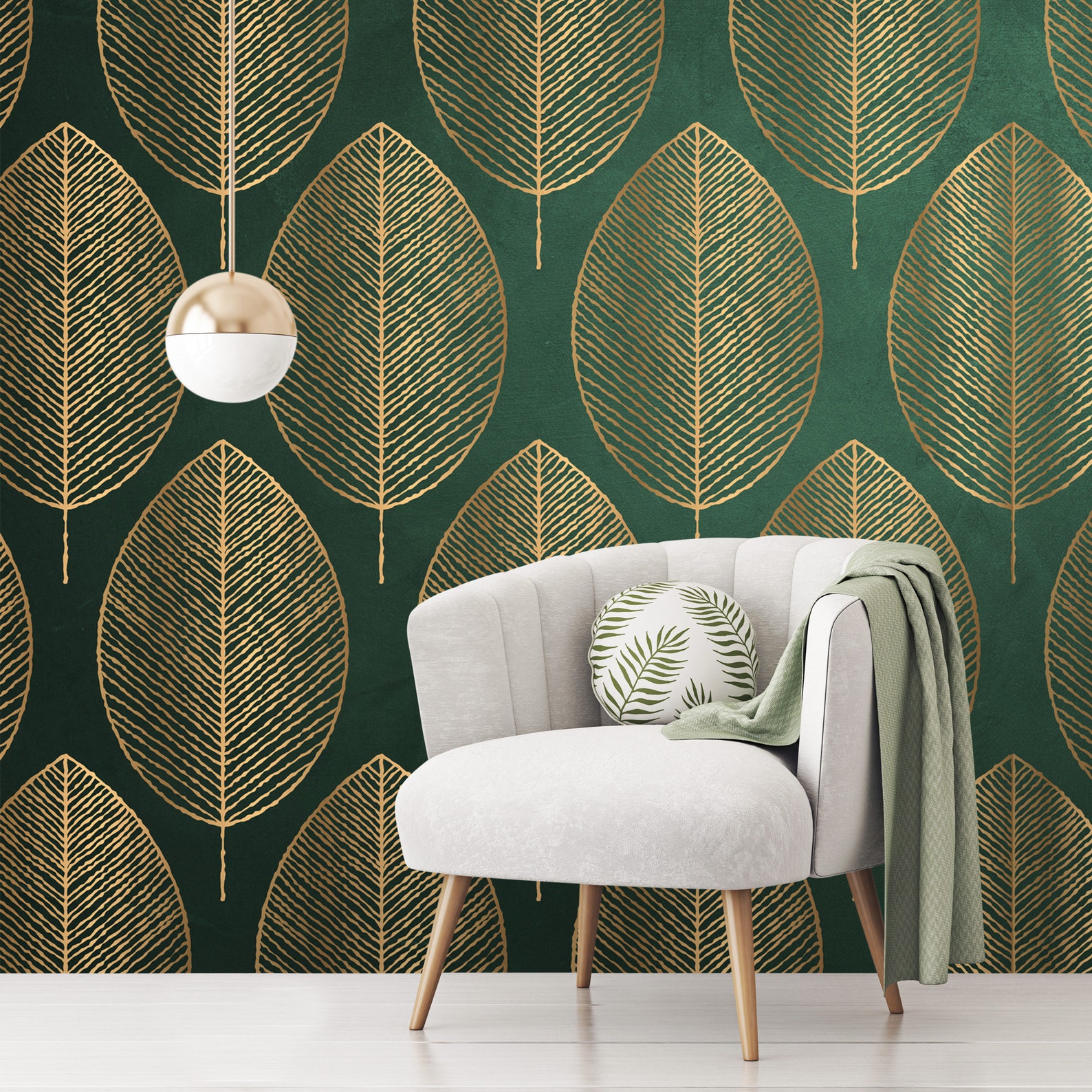 Green Background Big Golden Leaves Wallpaper Gold Leaf Etsy
