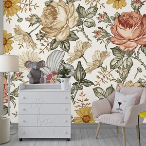 Colorful Chrysanthemum Wallpaper, Floral Wallpaper for Nursery, Rose Wall Mural, Customizable Peel and Stick Wallpaper