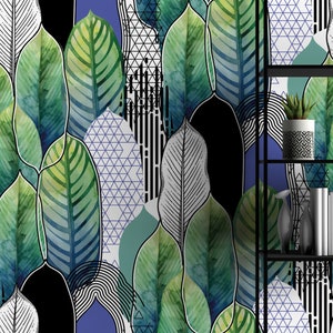 Abstract Green Leaves Wallpaper, Blue and Green Wall Mural, Modern Wallpaper for Bathroom, Peel and Stick Wall Decor